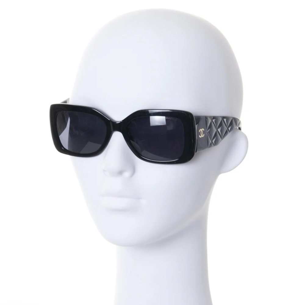 CHANEL Black Quilted Temple Rectangular Sunglasses - image 1